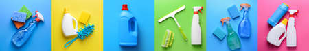 Set of cleaning supplies on colorful backgroundの写真素材