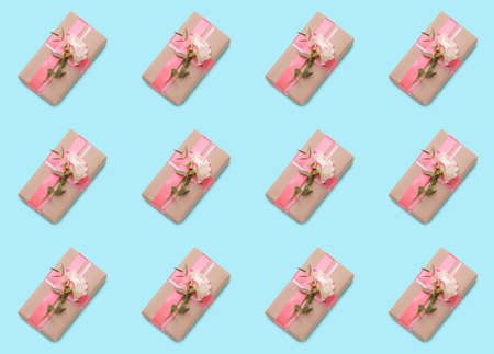 Many beautiful gift boxes on color backgroundの写真素材