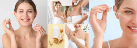 Collage of photos with young woman using cosmetic productsの写真素材