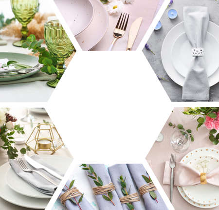 Set of different table settings with space for text