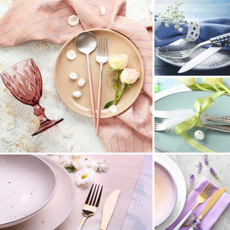 Set of different table settings with floral decorの写真素材