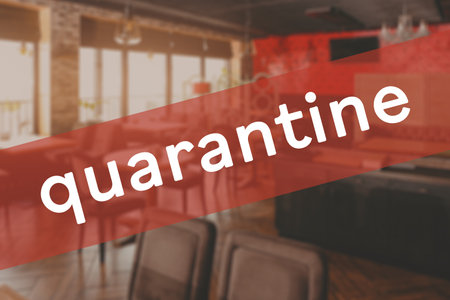 Empty restaurant with word QUARANTINE. Concept of Coronavirus epidemicの写真素材