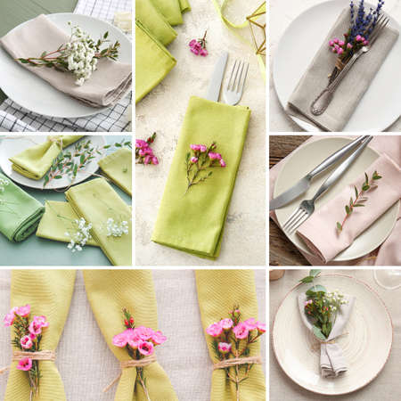 Set of different table settings with floral decorの写真素材