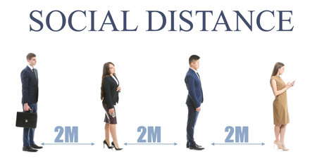 Young people standing in queue with social distance on white background