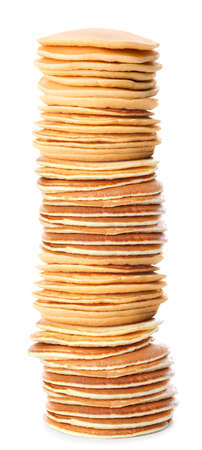 Stack of tasty pancakes on white background