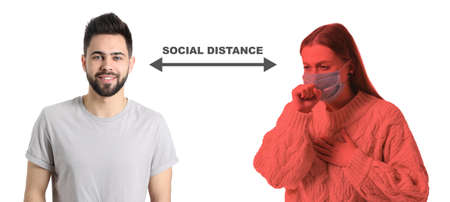 Healthy man and infected woman on white background. Concept of epidemicの写真素材