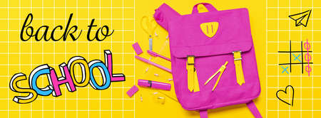 Backpack with stationery and phrase BACK TO SCHOOL on color backgroundの写真素材
