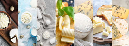 Collage of photos with different dairy productsの写真素材