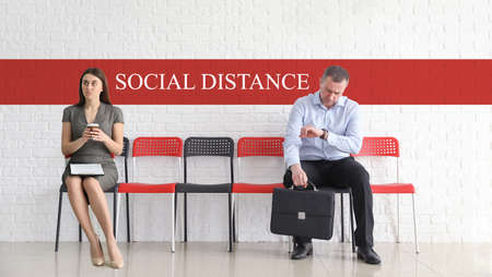 People waiting for their turn indoors. Concept of epidemicの写真素材