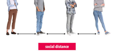 Young people waiting in line with social distance on white background. Concept of epidemic