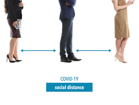 Young people waiting in line with social distance on white background. Concept of epidemicの写真素材