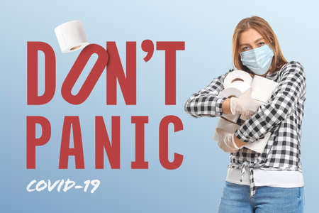 Woman with toilet paper and text DON'T PANIC on color background. Concept of coronavirus epidemicの写真素材
