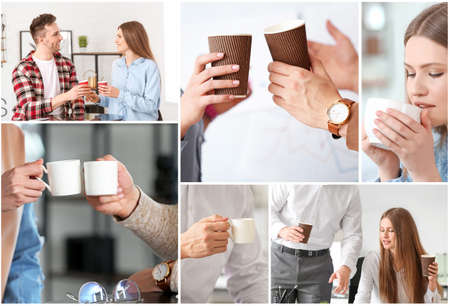 Collage of photos with young people during coffee break in officeの写真素材