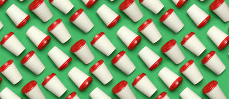 Many takeaway coffee cups on color background