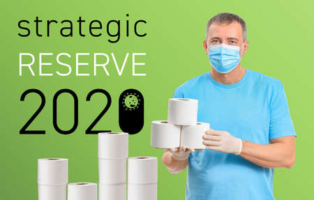 Mature man in protective mask and with toilet paper on color background. Concept of coronavirus...