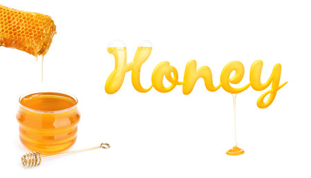Composition with sweet honey on white backgroundの写真素材
