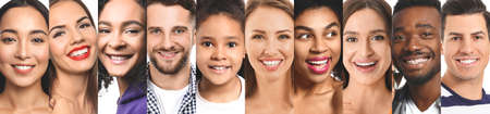 Collage of photos with different smiling peopleの写真素材