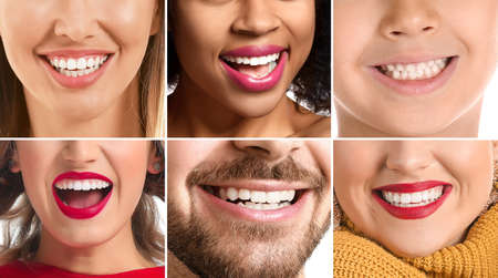 Collage of photos with different smiling people, closeupの写真素材