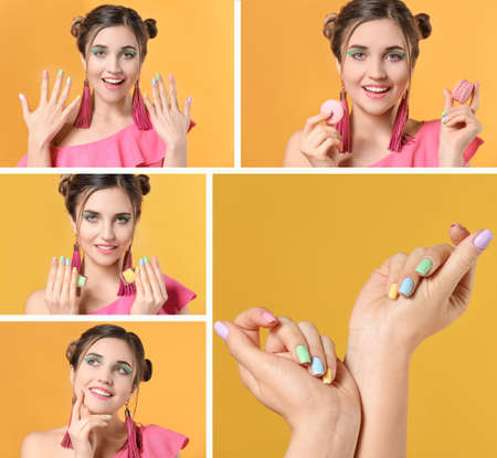Young woman with beautiful manicure on color background