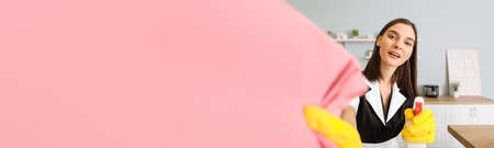 Beautiful young chambermaid cleaning kitchenの写真素材