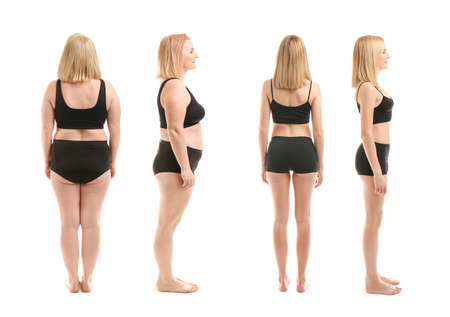 Woman before and after weight loss on white backgroundの写真素材
