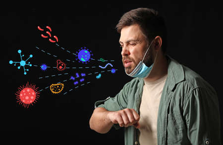 Coughing man on dark background. Concept of epidemic
