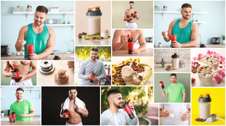 Collage of photos with sporty man and protein shakesの写真素材