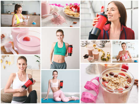 Collage of photos with healthy protein shakeの写真素材