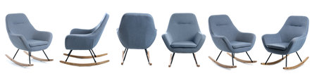 Collage with modern comfortable armchair on white backgroundの写真素材
