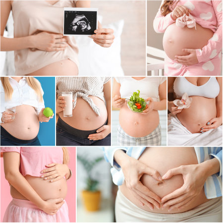 Collage of photos with beautiful pregnant womenの写真素材