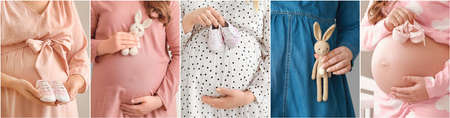 Collage of photos with beautiful pregnant womenの写真素材