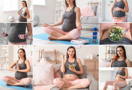 Collage of photos with beautiful pregnant woman at homeの写真素材