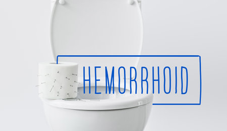 Toilet bowl and paper with nails on light background. Hemorrhoids concept