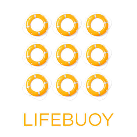 Many lifebuoy rings on white backgroundの写真素材
