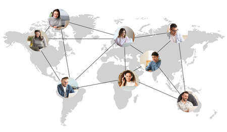Map of the world and different people using laptops. Concept of social distance during coronavirus epidemicの写真素材