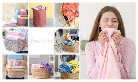 Collage of photos with laundry baskets with space for textの写真素材