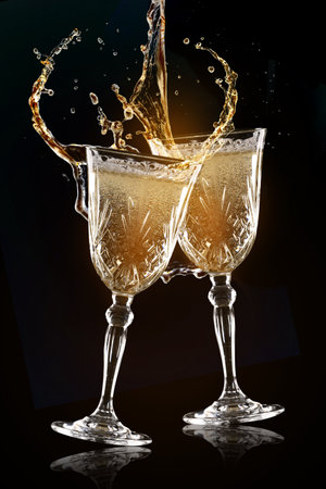 Clinking glasses of champagne with splash on dark backgroundの写真素材
