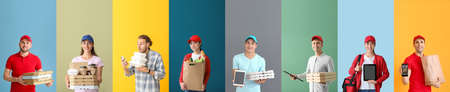 Couriers of food delivery service on color background