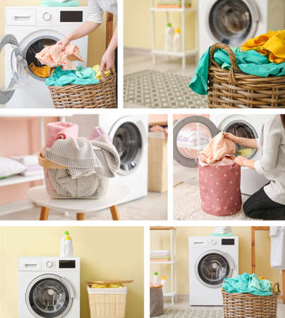 Collage of photos with baskets and woman doing laundry at homeの写真素材
