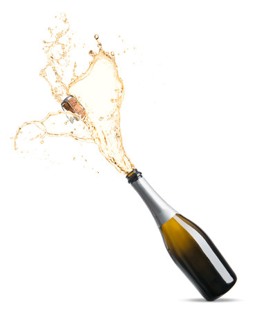 Open bottle of champagne with splash on white backgroundの写真素材
