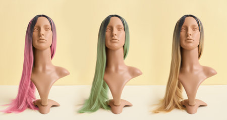 Mannequins with different female wigs on color backgroundの写真素材