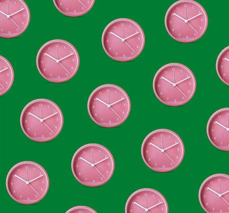 Many stylish clocks on color backgroundの写真素材