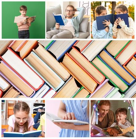 Collage of photos with different people reading booksの写真素材