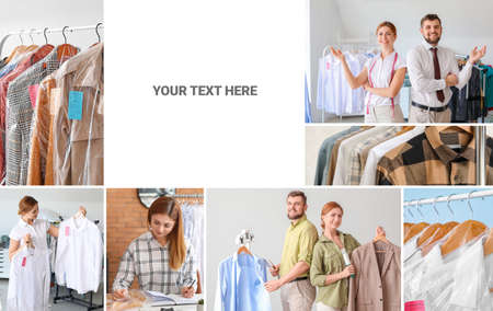 Collage of photos with workers at modern dry-cleaner's and space for textの写真素材