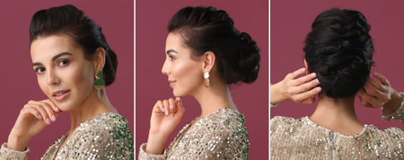 Beautiful young woman with stylish hairdo on color background. Front, side and back view