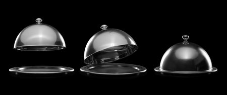 Trays with cloches on dark backgroundの写真素材