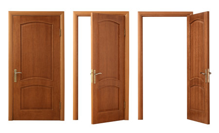 Set of doors on white background. Different stages of openingの写真素材