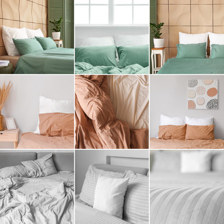 Collage of pictures with colorful bed sheetsの写真素材