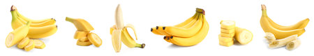 Ripe bananas on white backgroundの写真素材