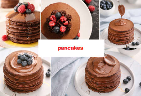 Collage of photos with delicious chocolate pancakes